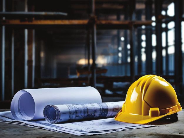 خوذة سلامة ومخططات هندسية داخل موقع إنشائي